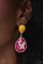 Load image into Gallery viewer, An exaggerated pink teardrop-shaped acrylic swings from the bottom of an upside-down yellow teardrop-shaped acrylic, creating a dramatically colorful lure. A dainty silver butterfly flutters atop the center of the pink acrylic for a whimsical finish. Earring attaches to a standard post fitting.  Sold as one pair of post earrings.
