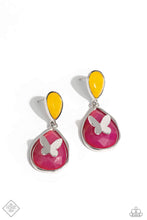 Load image into Gallery viewer, An exaggerated pink teardrop-shaped acrylic swings from the bottom of an upside-down yellow teardrop-shaped acrylic, creating a dramatically colorful lure. A dainty silver butterfly flutters atop the center of the pink acrylic for a whimsical finish. Earring attaches to a standard post fitting.  Sold as one pair of post earrings.
