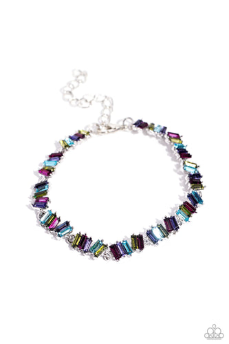 Featuring various multicolored shades, emerald-cut gems set in silver-pronged fittings dance along the wrist in clusters for a dizzying display. Features an adjustable clasp closure.