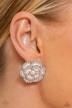 Load image into Gallery viewer, Layers of Tender Peach pearl-painted, heart-shaped petals curve around a white pearl center, creating an airy three-dimensional flower. Dainty white pearls dot along each curved petal adding refinement to the whimsical frame. Earring attaches to a standard post fitting.  Sold as one pair of post earrings.  New Kit Fashion Fix
