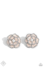 Load image into Gallery viewer, Layers of Tender Peach pearl-painted, heart-shaped petals curve around a white pearl center, creating an airy three-dimensional flower. Dainty white pearls dot along each curved petal adding refinement to the whimsical frame. Earring attaches to a standard post fitting.  Sold as one pair of post earrings.  New Kit Fashion Fix
