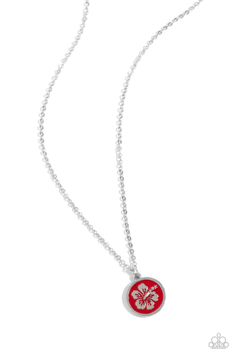 Gliding along a dainty silver chain, a red-painted silver pendant glides below the neckline. A detailed Hawaiian-inspired flower gleams from the center of the pendant for a beachy centerpiece. Features an adjustable clasp closure.