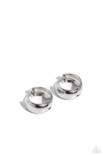 Featuring a thick surface, a silver hoop snugly curls around the ear for a sleek basic look. Earring attaches to a standard hinge closure fitting. Hoop measures approximately 1/2