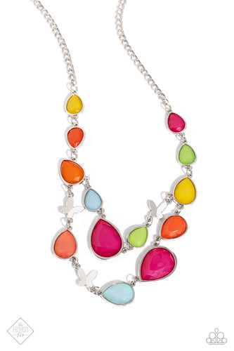 Varying in opacity, faceted Daffodil, orange, Pink Peacock, Waterspout, and Kohlrabi milky teardrop beads join sleek silver butterflies along two silver chains, layering into a whimsical pop of color below the collar. Features an adjustable clasp closure.  Sold as one individual necklace. Includes one pair of matching earrings.