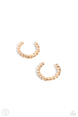 Featuring a high sheen, a thin bar of gold twists and curves around the ear to create a wreath-like, adjustable, one-size-fits-all cuff.