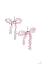 Load image into Gallery viewer, High-sheen pink beads in various sizes and baby pink seed beads loop and curl into an elegant, classic bow for a refined centerpiece. Earring attaches to a standard post fitting. 
