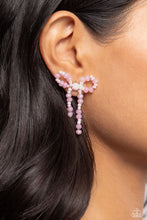 Load image into Gallery viewer, High-sheen pink beads in various sizes and baby pink seed beads loop and curl into an elegant, classic bow for a refined centerpiece. Earring attaches to a standard post fitting. 
