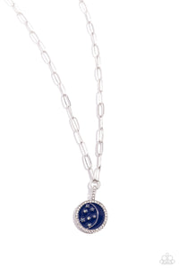 Featuring iridescent stars, a navy-painted disc with a silver crescent moon outline and a border of white rhinestones twinkles from a silver paperclip chain for a celestial statement. Features an adjustable clasp closure. Due to its prismatic palette, color may vary.