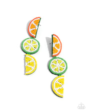 Load image into Gallery viewer, Featuring an arrangement of seed beads, a collection of various fruits cascade down the ear for a whimsical design. Each fruit features Burnt Orange, Saffron, Classic Green, Love Bird, High Visibility, and white detailing for a bright display of color. Earring attaches to a standard post fitting
