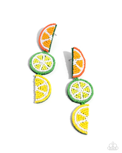 Featuring an arrangement of seed beads, a collection of various fruits cascade down the ear for a whimsical design. Each fruit features Burnt Orange, Saffron, Classic Green, Love Bird, High Visibility, and white detailing for a bright display of color. Earring attaches to a standard post fitting