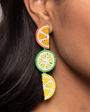 Load image into Gallery viewer, Featuring an arrangement of seed beads, a collection of various fruits cascade down the ear for a whimsical design. Each fruit features Burnt Orange, Saffron, Classic Green, Love Bird, High Visibility, and white detailing for a bright display of color. Earring attaches to a standard post fitting
