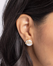 Load image into Gallery viewer, Placed atop a white shell post, a gold mermaid tail glistens from the ear for a beach-inspired statement. Earring attaches to a standard post fitting.
