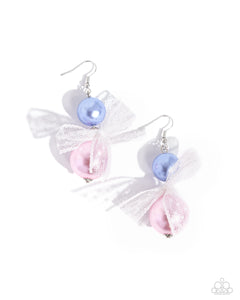 Two glossy pearls one in blue and one in pink stack atop one another while an airy, chiffon white ribbon is tied in the center of the pearls for a refined finish. Earring attaches to a standard fishhook fitting.