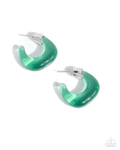 Load image into Gallery viewer, Connected to a silver cap fitting, a transparent, abstract mint hoop curls around the ear for a chic clear look. Earring attaches to a standard post fitting. Hoop measures approximately 1&quot; in diameter.
