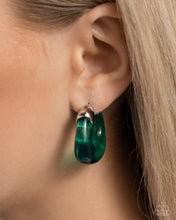 Load image into Gallery viewer, Connected to a silver cap fitting, a transparent, abstract mint hoop curls around the ear for a chic clear look. Earring attaches to a standard post fitting. Hoop measures approximately 1&quot; in diameter.
