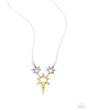 Load image into Gallery viewer, Dotted with various yellow and yellow iridescent highly reflective rhinestones, a stellar collection of silver stars of varying sizes connects and extends from a dainty silver link chain for an out-of-this-world fashion. Features an adjustable clasp closure. Due to its prismatic palette, color may vary
