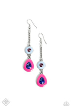 Load image into Gallery viewer, A Fuchsia Fedora gem, encircled by an enamel frame in the shade of Summer Song, swings whimsically from an elongated silver chain. Below the circular frame, a deep blue teardrop gem sparkles inside a border of bright pink enamel, for a flirtatious finish. Earring attaches to a standard fishhook fitting.  Sold as one pair of earrings.  New Kit Fashion Fix
