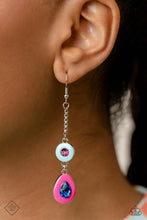 Load image into Gallery viewer, A Fuchsia Fedora gem, encircled by an enamel frame in the shade of Summer Song, swings whimsically from an elongated silver chain. Below the circular frame, a deep blue teardrop gem sparkles inside a border of bright pink enamel, for a flirtatious finish. Earring attaches to a standard fishhook fitting.  Sold as one pair of earrings.  New Kit Fashion Fix
