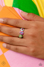 Load image into Gallery viewer, A row of various multicolored rhinestones encased in dainty frames of Classic Green, Fuchsia Fedora, and Summer Song connect across the finger creating a standout impression of color. Each painted frame is encased in a high-sheen silver frame, further emphasizing the collision color and geometric shapes. Features a dainty stretchy band for a flexible fit.  Sold as one individual ring.  New Kit Fashion Fix

