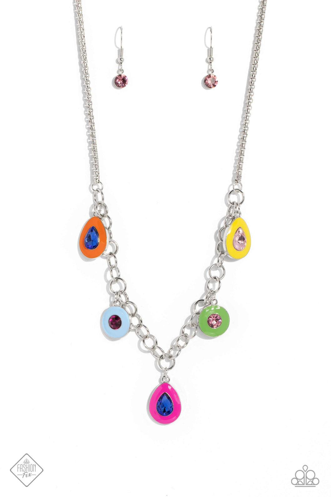 Attached to a section of shiny silver links, a collection of teardrop and round multicolored gems, bordered by Orange Tiger, Summer Song, Fuchsia Fedora, Classic Green, and Samoan Sun frames, swing below the collar. Attached to the silver links, a dainty silver box chain wraps around the neckline, further emphasizing the colorful collision of paint and gems. Features an adjustable clasp closure.  Sold as one individual necklace. Includes one pair of matching earrings.  New Kit Fashion Fix