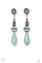 Load image into Gallery viewer, A silver disc, embossed in floral detail, anchors a cascade of intricately textured silver beads and muted turquoise stones. Artfully stacked in symmetrical precision, the silver beading gives way to an elongated light turquoise teardrop, which sways in pendulous perfection. Earring attaches to a standard post fitting. As the stone elements in this piece are natural, some color variation is normal.  Sold as one pair of post earrings.  New Kit Fashion Fix
