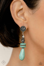 Load image into Gallery viewer, A silver disc, embossed in floral detail, anchors a cascade of intricately textured silver beads and muted turquoise stones. Artfully stacked in symmetrical precision, the silver beading gives way to an elongated light turquoise teardrop, which sways in pendulous perfection. Earring attaches to a standard post fitting. As the stone elements in this piece are natural, some color variation is normal.  Sold as one pair of post earrings.  New Kit Fashion Fix
