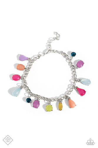 A classic silver chain is decorated with colorful beads, featuring Pantones® Peach Pink, Pink Peacock, Waterspout, and Love Bird. Each bead features varying opacities and shapes, further promoting a playful feeling around the wrist. Features an adjustable clasp closure.  Sold as one individual bracelet.  New Kit Fashion Fix