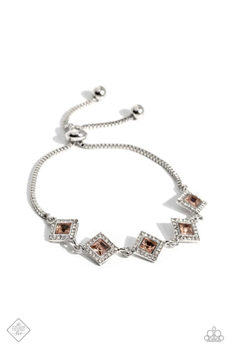 A collection of glassy, peach, square-cut gems are tilted on point and linked around the wrist, creating a glamorous display. Each gem is bordered by sparkling white rhinestones, adding irresistible glitz to the design. Finally, a silver box chain is threaded through a sleek silver bead, bringing a surprising hint of industrial grit to the mix. Features an adjustable sliding knot closure.  Sold as one individual bracelet.  New Kit Fashion Fix