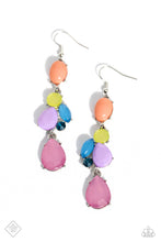 Load image into Gallery viewer, Featuring Pantones® Peach Pink, Pink Peacock, Waterspout, and Love Bird, a cluster of beads in varying opacities and shapes are encased in pronged silver frames as they haphazardly link into a colorful lure down the ear. Earring attaches to a standard fishhook fitting.  Sold as one pair of earrings.  New Kit Fashion Fix
