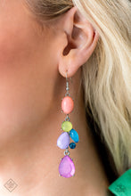 Load image into Gallery viewer, Featuring Pantones® Peach Pink, Pink Peacock, Waterspout, and Love Bird, a cluster of beads in varying opacities and shapes are encased in pronged silver frames as they haphazardly link into a colorful lure down the ear. Earring attaches to a standard fishhook fitting.  Sold as one pair of earrings.  New Kit Fashion Fix
