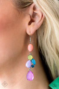 Featuring Pantones® Peach Pink, Pink Peacock, Waterspout, and Love Bird, a cluster of beads in varying opacities and shapes are encased in pronged silver frames as they haphazardly link into a colorful lure down the ear. Earring attaches to a standard fishhook fitting.  Sold as one pair of earrings.  New Kit Fashion Fix