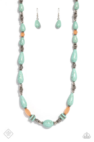 Infused along an invisible wire, muted turquoise stones in various sizes, striped silver beads, textured silver beads, floral silver wheel beads, silver accents, and milky coral beads in varying sizes combine down the neckline to create a Southwestern masterpiece. Features an adjustable clasp closure. As the stone elements in this piece are natural, some color variation is normal.  Sold as one individual necklace. Includes one pair of matching earrings.  New Kit Fashion Fix
