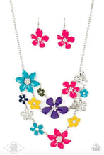 Load image into Gallery viewer, Painted in vivacious shades of blue, pink, purple, and yellow, a collection of colorful and plain silver floral-shaped frames bloom below the collar in three vivacious rows. Dainty white rhinestones dot the center of each flower, for a shimmery finish. Features an adjustable clasp closure.    Life of The Party with Empire Diamond Access brought back by Mandi H.
