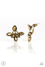 Load image into Gallery viewer, A solitaire teardrop aurum rhinestone attaches to a double-sided post, designed to fasten behind the ear. Encrusted in matching aurum rhinestones, a double-sided post peeks out beneath the ear, creating a glittery fringe. Earring attaches to a standard post fitting.
