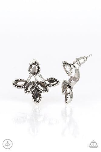 A solitaire teardrop hematite rhinestone attaches to a double-sided post, designed to fasten behind the ear. Encrusted in matching hematite rhinestones, a double-sided post peeks out beneath the ear, creating a glittery fringe. Earring attaches to a standard post fitting.