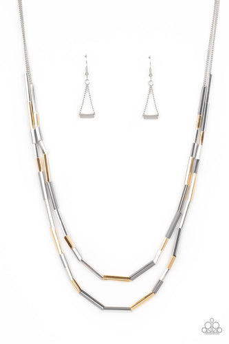 A collection of silver, gold, and gunmetal square rods slide along two dainty silver chains below the collar, creating edgy metallic layers. Features an adjustable clasp closure.