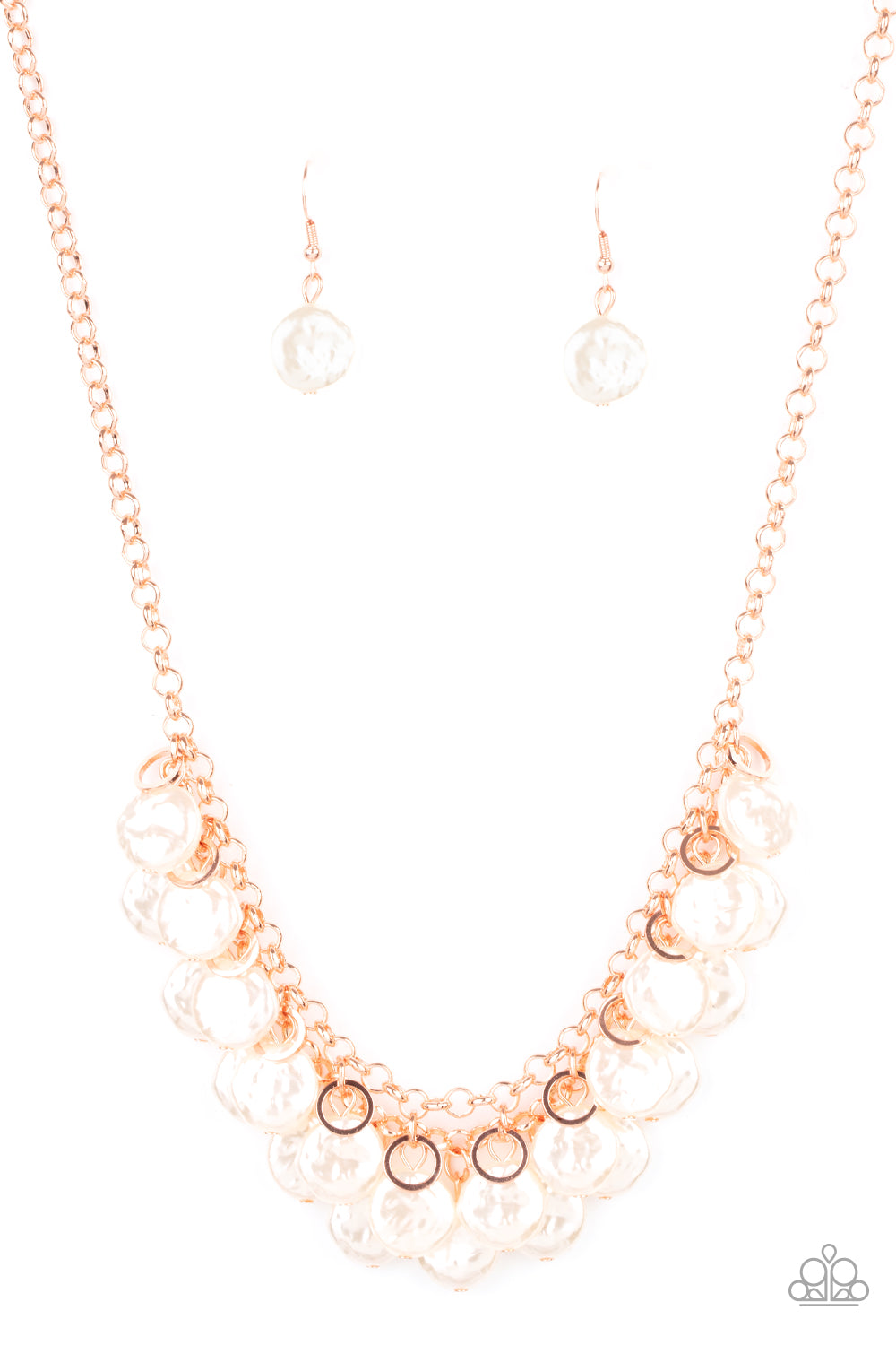 Featuring delicately hammered surfaces, rows of pearly white beads cascade from the bottoms of interlocking shiny copper chains. Dainty shiny copper rings swing from the top of the timelessly tiered display, creating a refined fringe below the collar. Features an adjustable clasp closure.  Sold as one individual necklace. Includes one pair of matching earrings.
