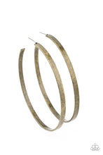 Load image into Gallery viewer, An antiqued brass hoop curls into an exaggerated curve for a rustic finish. Earring attaches to a standard post fitting. Hoop measures approximately 2 3/4&quot; in diameter.
