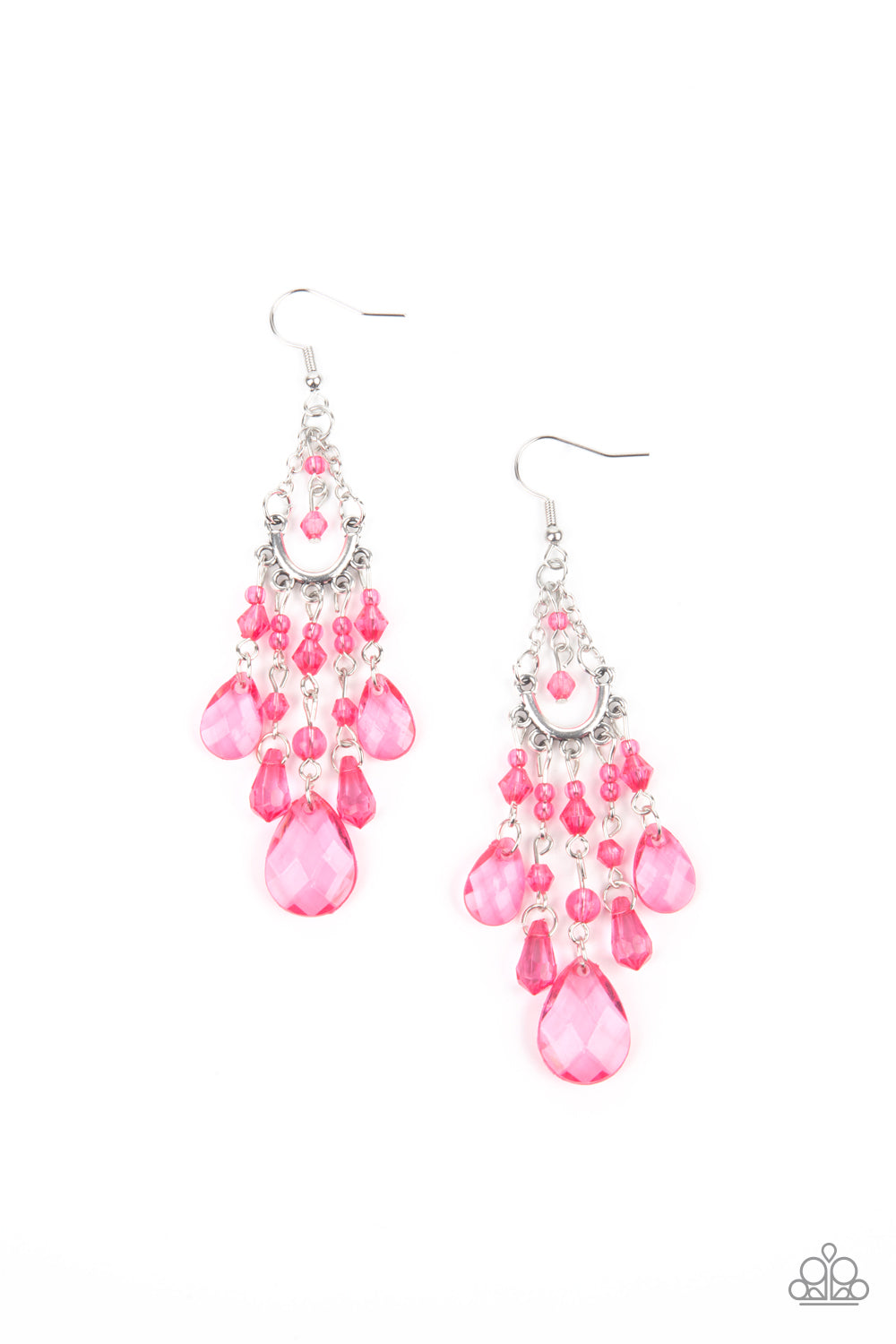 A glassy collection of pink teardrop, oval, and round crystal-like beads taper at the bottom of a silver half moon frame that is suspended by dainty silver chains. Matching beading swings from the top of the frame, creating a whimsical chandelier. Earring attaches to a standard fishhook fitting.  Sold as one pair of earrings.