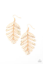 Load image into Gallery viewer, Rippling with tactile textures, dainty gold frames link into a dancing palm leaf for a simply seasonal fashion. Earring attaches to a standard fishhook fitting.  Sold as one pair of earrings.
