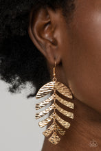 Load image into Gallery viewer, Rippling with tactile textures, dainty gold frames link into a dancing palm leaf for a simply seasonal fashion. Earring attaches to a standard fishhook fitting.  Sold as one pair of earrings.
