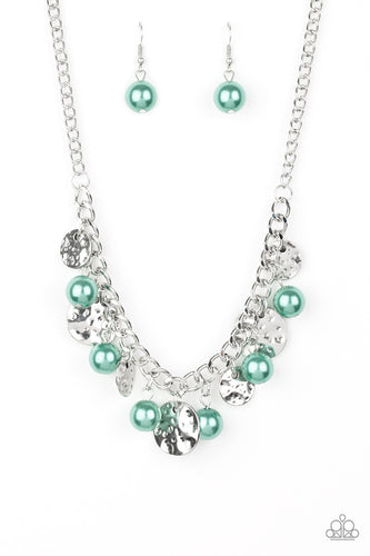 A collection of hammered silver discs and pearly green beads swing from a thick silver chain, creating an elegant fringe below the collar. Features an adjustable clasp closure.  Sold as one individual necklace. Includes one pair of matching earrings.   Get The Complete Look! Bracelet: 