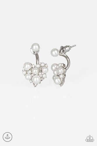 A solitaire white pearl attaches to a double-sided post, designed to fasten behind the ear. Radiating with dainty white rhinestones and matching pearls, the heart-shaped double sided-post peeks out beneath the ear for a refined look. Earring attaches to a standard post fitting.  Sold as one pair of double-sided post earrings.  New Kit Ear Jacket