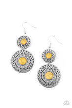 Load image into Gallery viewer, Stenciled in airy metallic sunburst patterns, a pair of silver mandala-like frames are dotted with sunny yellow stone centers as they link into a tribal inspired lure. Earring attaches to a standard fishhook fitting.
