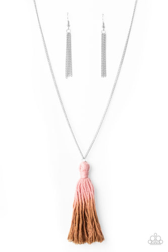 A knotted tassel gradually fades from Rose Tan to brown at the bottom of a lengthened silver chain, creating a colorful pendant. Features an adjustable clasp closure.  Sold as one individual necklace. Includes one pair of matching earrings.