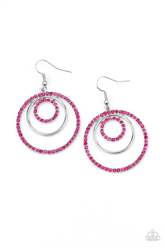 Plain silver and pink rhinestone encrusted silver rings ripple out into a bubbly hoop, creating a dizzying display. Earring attaches to a standard fishhook fitting.  Sold as one pair of earrings.