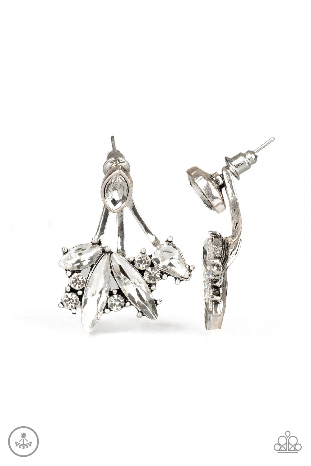 A solitaire white marquise cut rhinestone attaches to a double-sided post, designed to fasten behind the ear. Encrusted in a collision of mismatched white rhinestones, a double-sided post peeks out beneath the ear, creating a glittery fringe. Earring attaches to a standard post fitting.  Sold as one pair of double-sided post earrings.  New Kit Ear Jacket