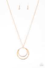 Load image into Gallery viewer, A daring circular pendant swings from the bottom of an elongated gold chain for a refined look. The bottoms of the ornate gold pendant are encrusted in white rhinestones for a glamorous finish. Features an adjustable clasp closure.
