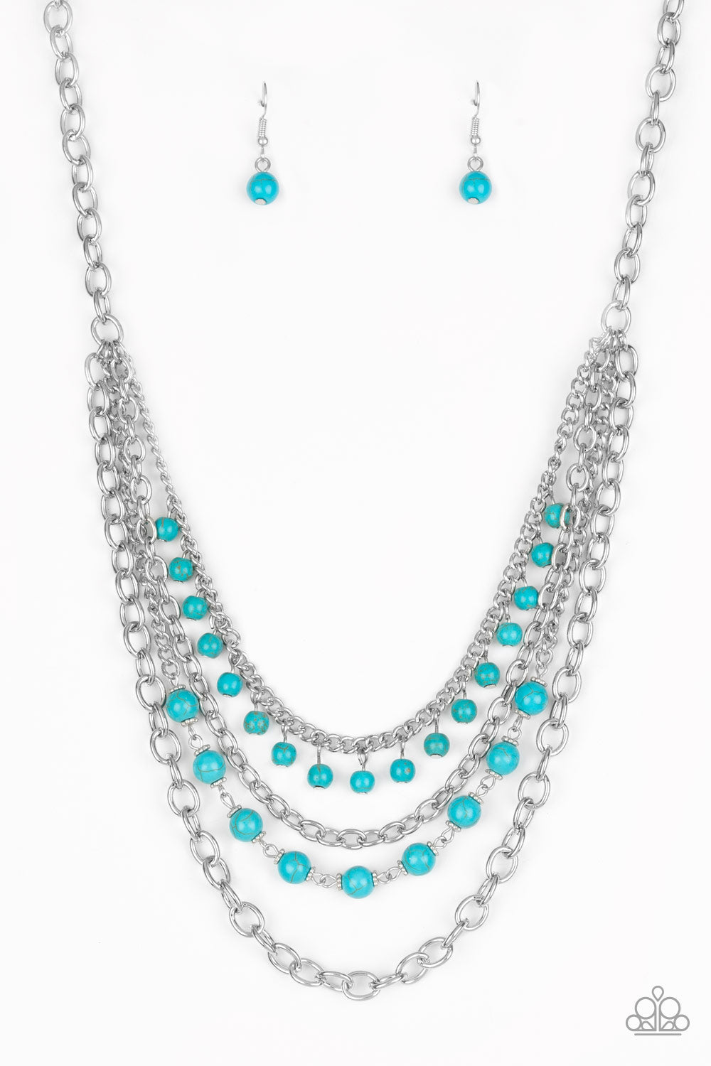 Featuring refreshing turquoise stone accents, mismatched silver chains layer below the collar for a seasonal look. Features an adjustable clasp closure.  Sold as one individual necklace. Includes one pair of matching earrings.