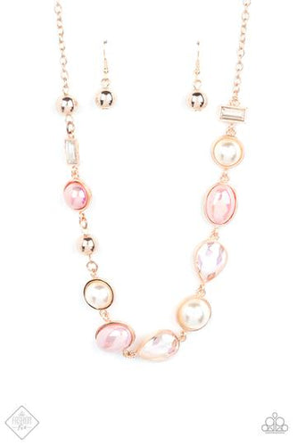 A collection of classic white pearls, Pale Rosette pearls glazed in a reflective finish, and iridescent teardrops dance along the collar in an ethereal display. Rose gold frames encase each bead, adding a romantic vibe to the vintage-inspired design, as a pair of emerald cut gems and solid rose gold beads round out the mismatched collection. Features an adjustable clasp closure.